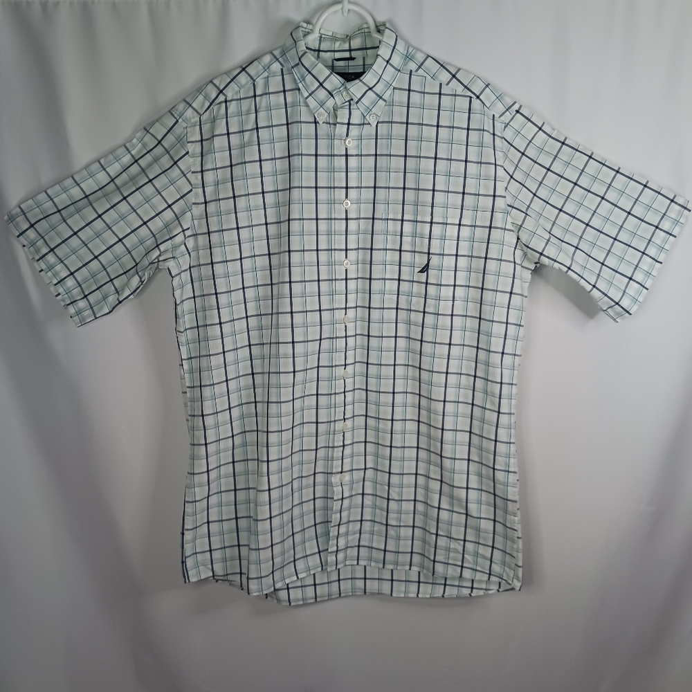 Nautica White, Navy, Light Blue & Cream Plaid Short Sleve Button Down T-shirt.
